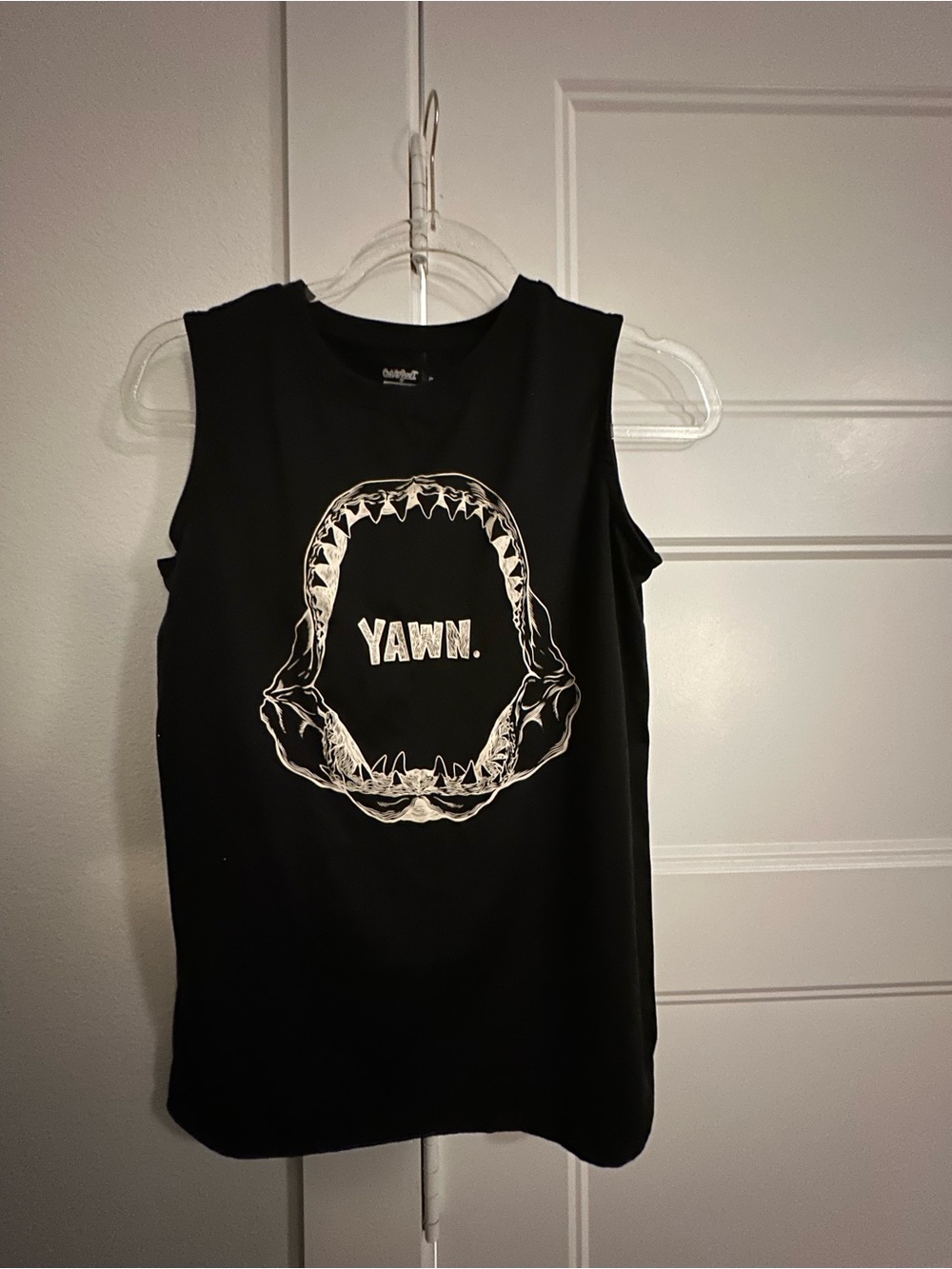Cat & Jack Black Sleeveless Graphic Tee with White Shark Jaw 'YAWN.'